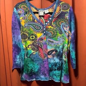 Colorful Paisley V-Neck Long Sleeve Top by Take Two - Multicolor